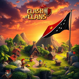 An imaginative depiction inspired by the Clash of Clans game, featuring a vibrant landscape with elements typical of the game style: a colorful village with stone buildings, lush greenery, and whimsical characters