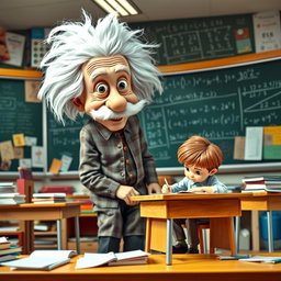 A whimsical scene featuring a giant Albert Einstein humorously towering over a small student who is sitting at a desk, deeply focused on taking an exam