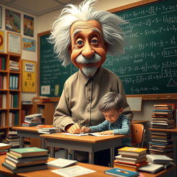 A whimsical scene featuring a giant Albert Einstein humorously towering over a small student who is sitting at a desk, deeply focused on taking an exam