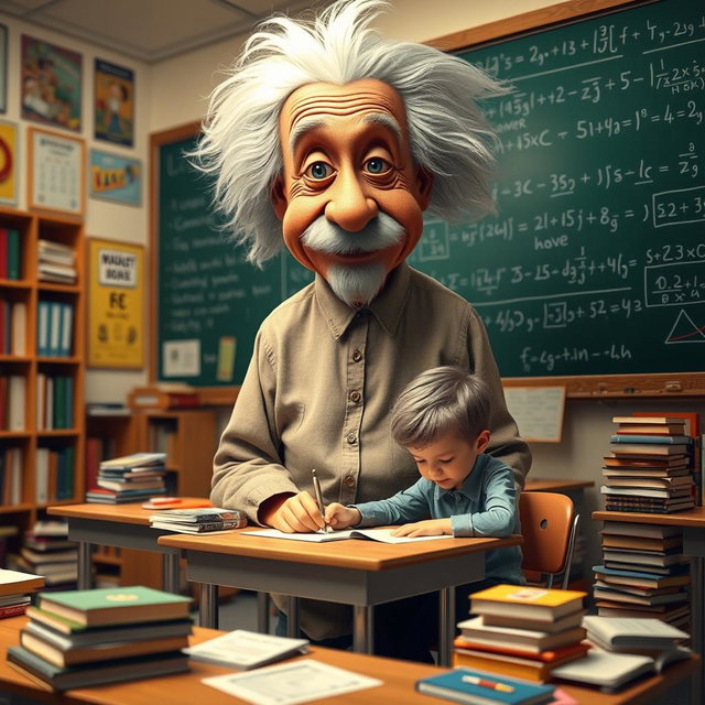 A whimsical scene featuring a giant Albert Einstein humorously towering over a small student who is sitting at a desk, deeply focused on taking an exam