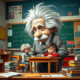 A whimsical scene featuring a giant Albert Einstein humorously towering over a small student who is sitting at a desk, deeply focused on taking an exam