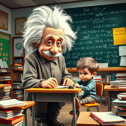 A whimsical scene featuring a giant Albert Einstein humorously towering over a small student who is sitting at a desk, deeply focused on taking an exam