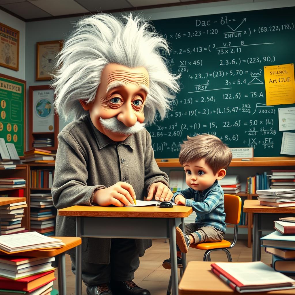 A whimsical scene featuring a giant Albert Einstein humorously towering over a small student who is sitting at a desk, deeply focused on taking an exam