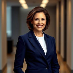 A formal portrait of a confident adult woman standing elegantly in a modern studio environment