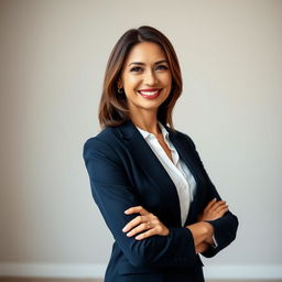 A formal portrait of a confident adult woman standing elegantly in a modern studio environment