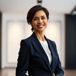A formal portrait of a confident adult woman standing elegantly in a modern studio environment