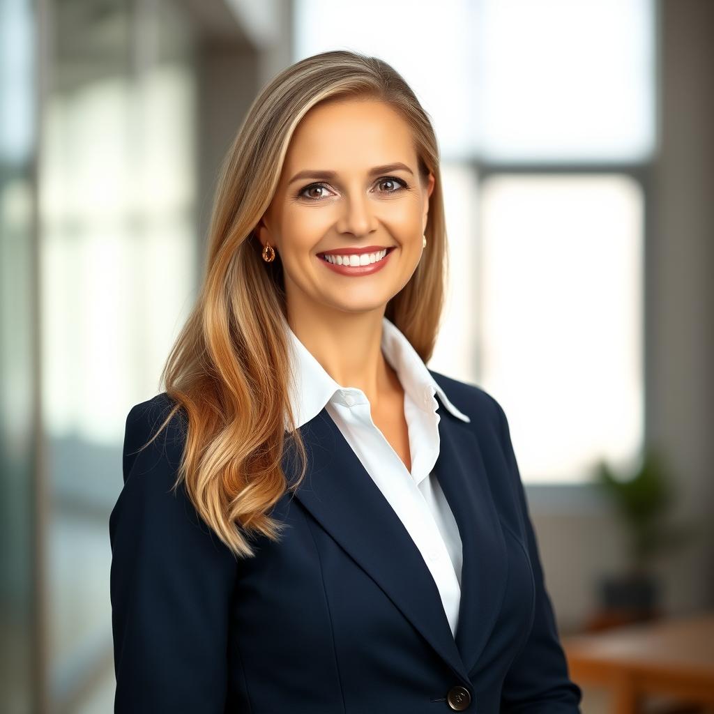 A formal portrait of a confident adult woman standing elegantly in a modern studio environment
