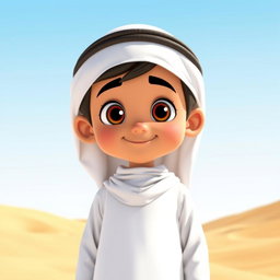 An animated character of a young Emirati boy wearing traditional Emirati clothing, specifically a crisp white kandura