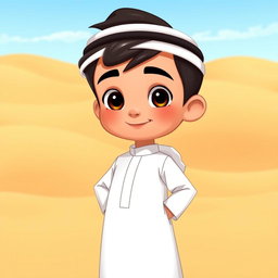 An animated character of a young Emirati boy wearing traditional Emirati clothing, specifically a crisp white kandura