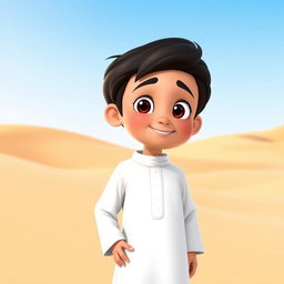 An animated character of a young Emirati boy wearing traditional Emirati clothing, specifically a crisp white kandura