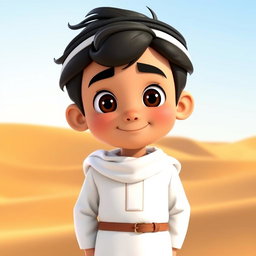 An animated character of a young Emirati boy wearing traditional Emirati clothing, specifically a crisp white kandura