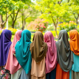 A group of 15 hijabi girls standing together, dressed in colorful and stylish hijabs, smiling joyfully