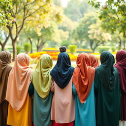 A group of 15 hijabi girls standing together, dressed in colorful and stylish hijabs, smiling joyfully