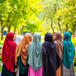 A group of 15 hijabi girls standing together, dressed in colorful and stylish hijabs, smiling joyfully
