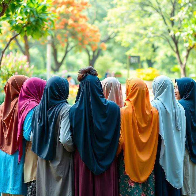 A group of 15 hijabi girls standing together, dressed in colorful and stylish hijabs, smiling joyfully