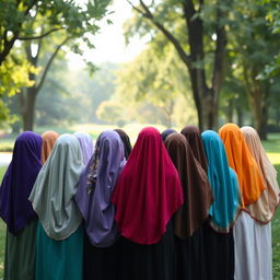 A group of 15 girls wearing colorful hijabs, all facing away from the viewer
