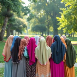 A group of 15 girls wearing colorful hijabs, all facing away from the viewer