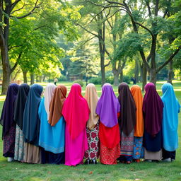 A group of 15 girls wearing colorful hijabs, all facing away from the viewer