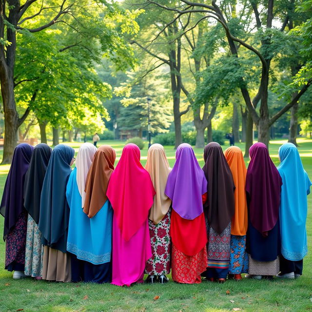 A group of 15 girls wearing colorful hijabs, all facing away from the viewer