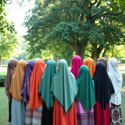 A group of 15 girls wearing colorful hijabs, all facing away from the viewer