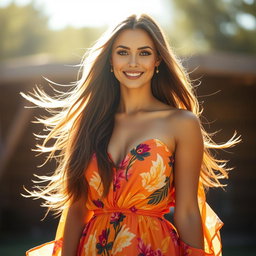 A stunning woman with long flowing hair standing confidently in a bright, sunlit environment, wearing a vibrant, flowing dress that accentuates her grace