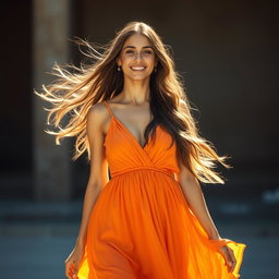 A stunning woman with long flowing hair standing confidently in a bright, sunlit environment, wearing a vibrant, flowing dress that accentuates her grace