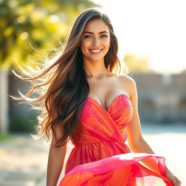A stunning woman with long flowing hair standing confidently in a bright, sunlit environment, wearing a vibrant, flowing dress that accentuates her grace