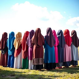 A serene scene featuring 15 girls wearing colorful hijabs, all with their backs turned towards the viewer