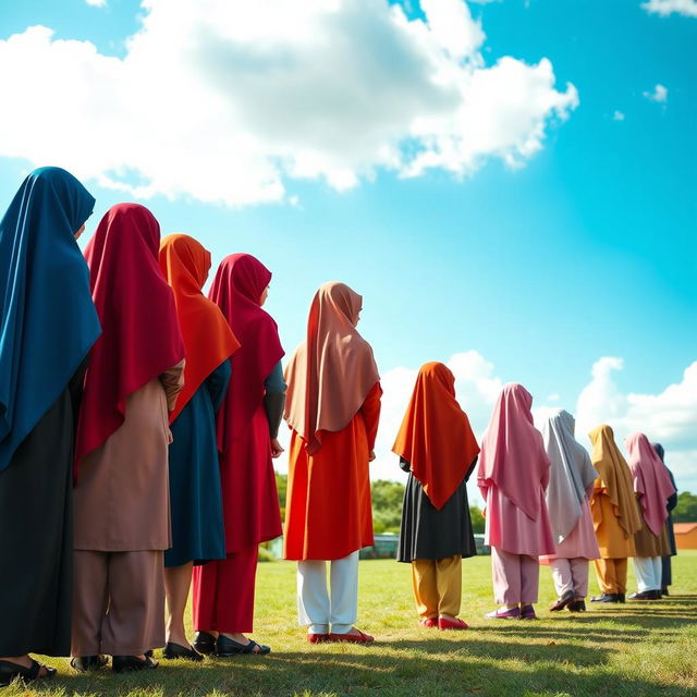 A serene scene featuring 15 girls wearing colorful hijabs, all with their backs turned towards the viewer