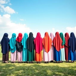 A serene scene featuring 15 girls wearing colorful hijabs, all with their backs turned towards the viewer