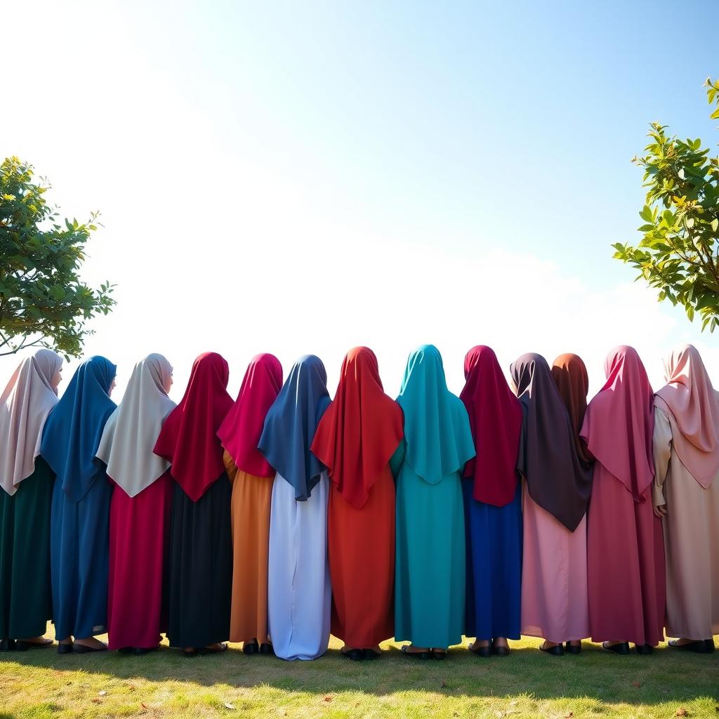 A serene scene featuring 15 girls wearing colorful hijabs, all with their backs turned towards the viewer