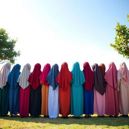 A serene scene featuring 15 girls wearing colorful hijabs, all with their backs turned towards the viewer