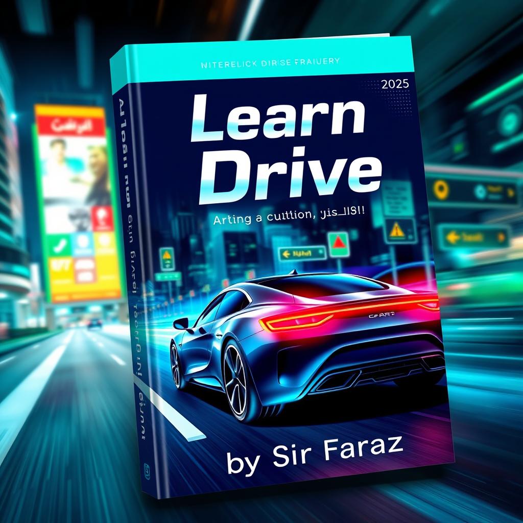 A visually striking book cover for the title 'Learn Drive' by Sir Faraz, set in the year 2025