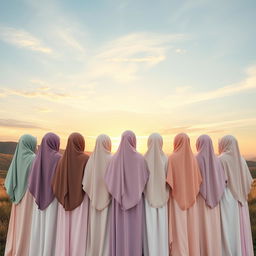 An aesthetic scene depicting 15 girls wearing elegant hijabs, all positioned with their backs turned to the viewer