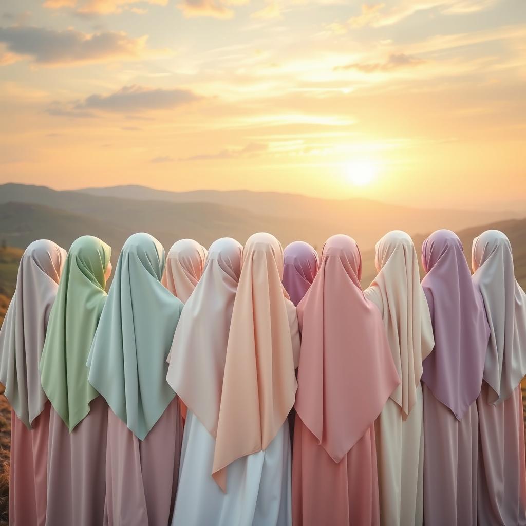 An aesthetic scene depicting 15 girls wearing elegant hijabs, all positioned with their backs turned to the viewer