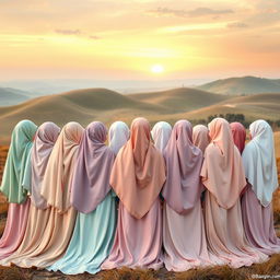 An aesthetic scene depicting 15 girls wearing elegant hijabs, all positioned with their backs turned to the viewer