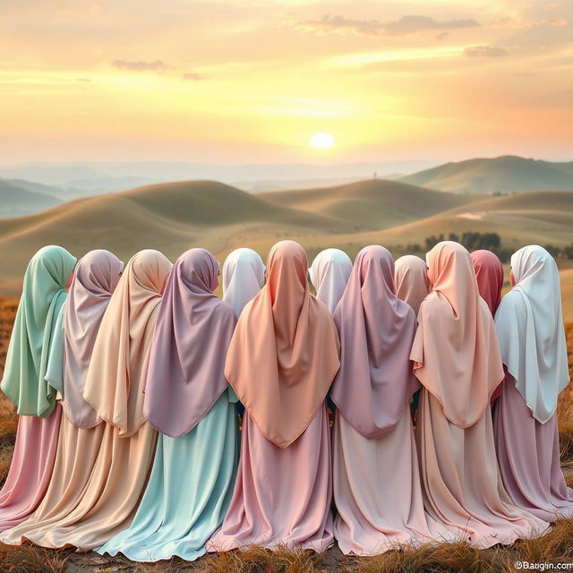 An aesthetic scene depicting 15 girls wearing elegant hijabs, all positioned with their backs turned to the viewer