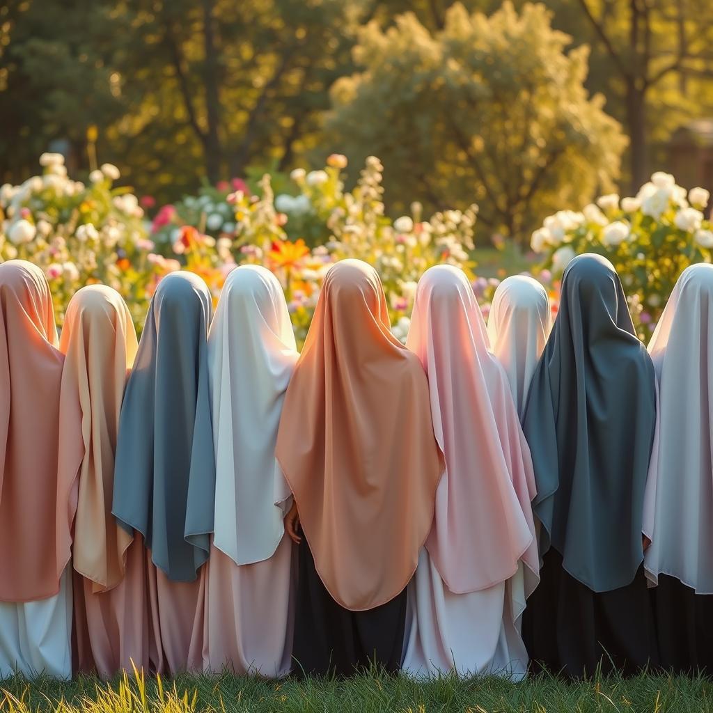 A captivating aesthetic scene featuring fifteen girls in beautifully styled hijabs, all with their backs turned to the viewer