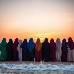 A captivating image of fifteen hijabi girls, all with their backs turned to the viewer, creating a powerful and unified visual statement