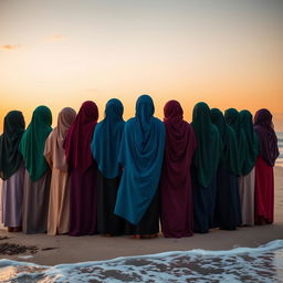 A captivating image of fifteen hijabi girls, all with their backs turned to the viewer, creating a powerful and unified visual statement