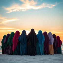 A captivating image of fifteen hijabi girls, all with their backs turned to the viewer, creating a powerful and unified visual statement