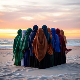A captivating image of fifteen hijabi girls, all with their backs turned to the viewer, creating a powerful and unified visual statement