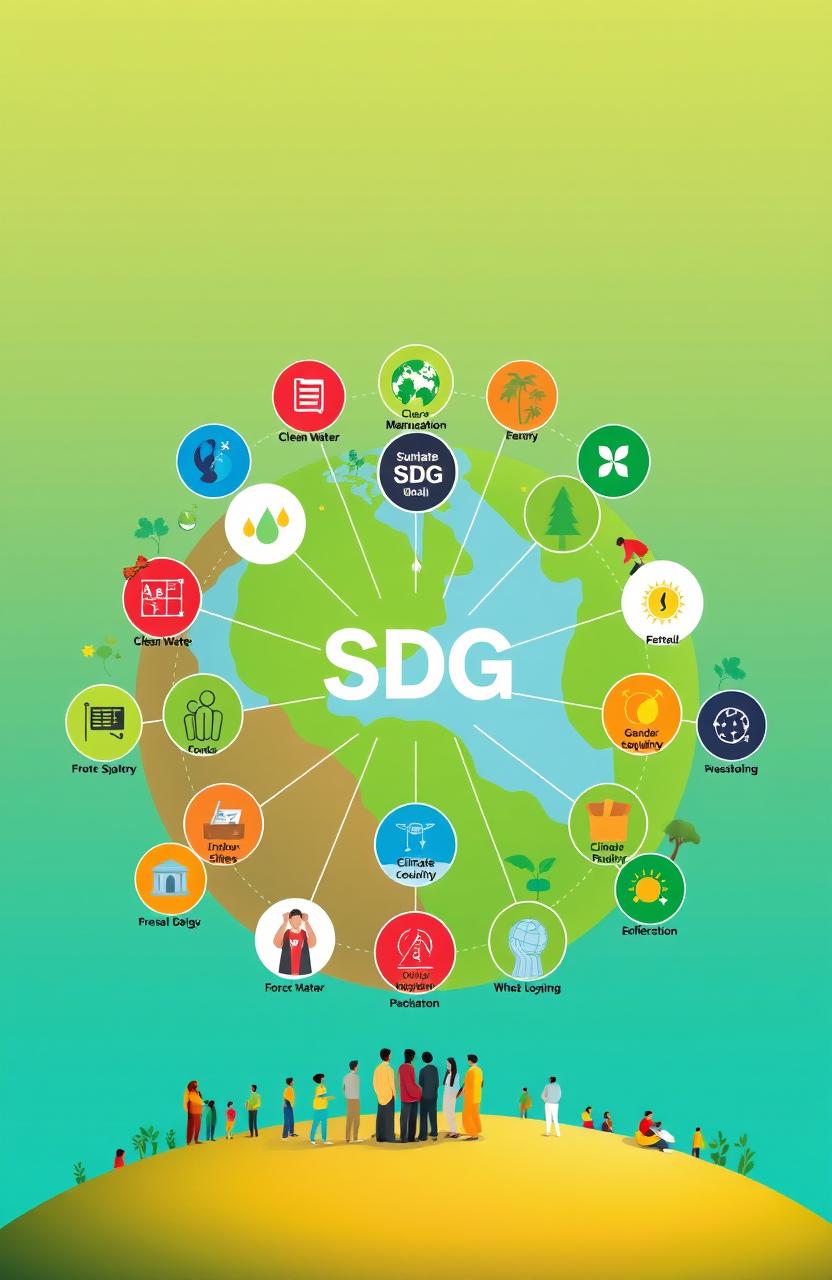 A visually striking concept illustration of the Sustainable Development Goals (SDGs), featuring all 17 icons representing different goals in an interconnected web design