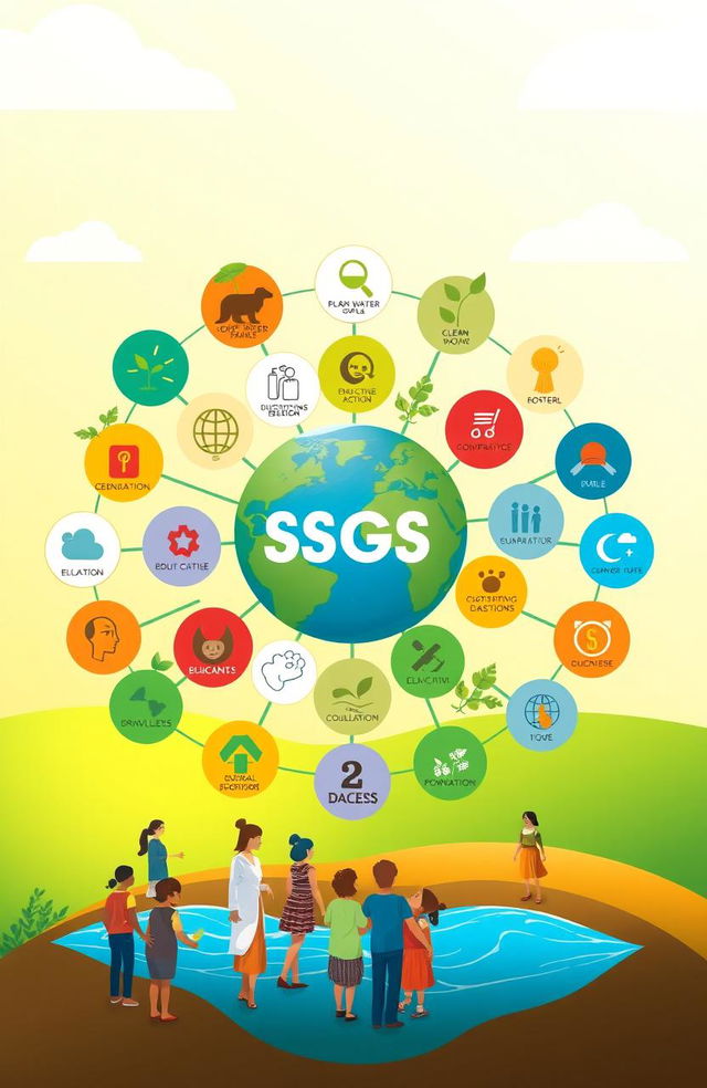 A visually striking concept illustration of the Sustainable Development Goals (SDGs), featuring all 17 icons representing different goals in an interconnected web design