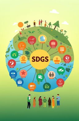 A visually striking concept illustration of the Sustainable Development Goals (SDGs), featuring all 17 icons representing different goals in an interconnected web design
