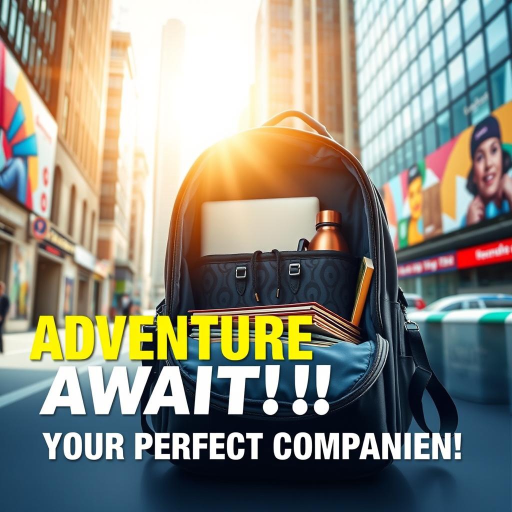 A vibrant, eye-catching marketing photo showcasing a modern product, such as a stylish backpack