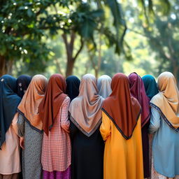 A diverse group of fifteen hijabi girls standing together, all with their backs turned