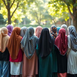 A diverse group of fifteen hijabi girls standing together, all with their backs turned