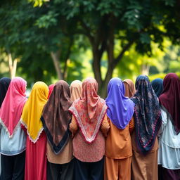 A diverse group of fifteen hijabi girls standing together, all with their backs turned