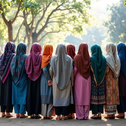 A diverse group of fifteen hijabi girls standing together, all with their backs turned